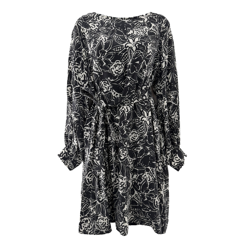 Mii Au Musee Silk Dress Black Cream Floral Shift Belted Lined Size Medium Euc